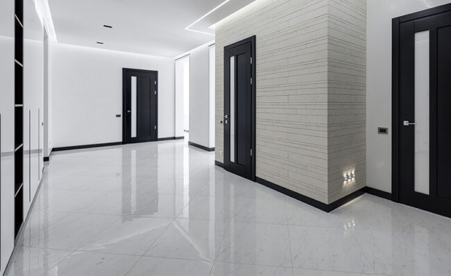 Shiny Floor Slip Resistance An office building has a very shiny and reflective natural stone floor.